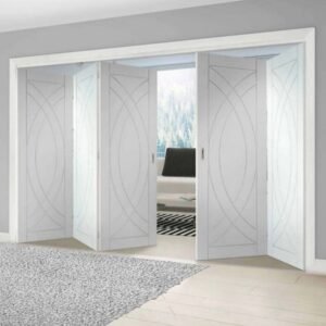 About Geometric-Carved White bifold barn doors
