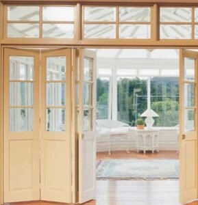Cream Wood & Grid Glass Bifold Doors