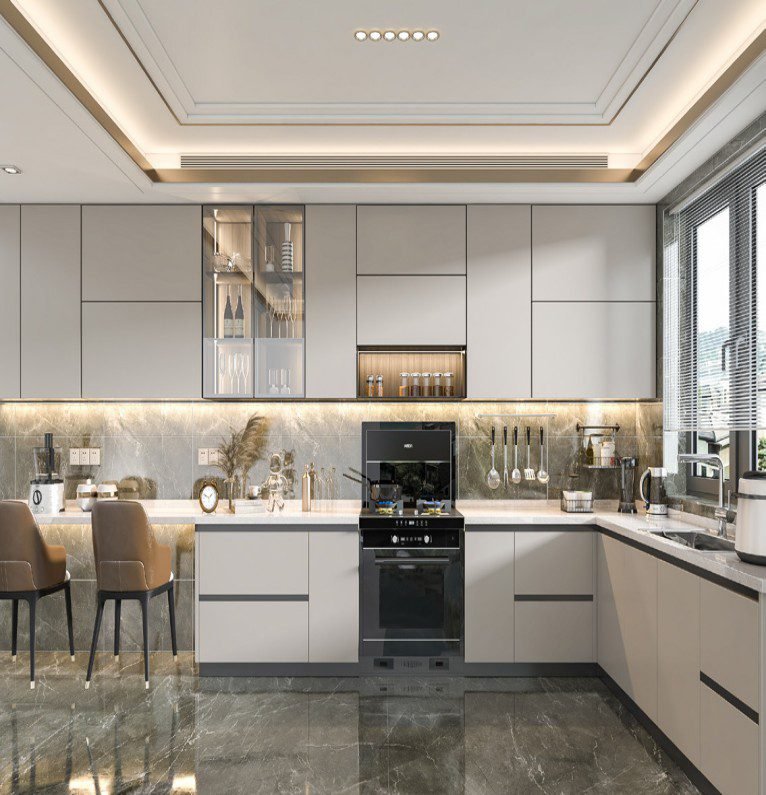 “Sophisticated beige kitchen cabinet with glass display sections and sleek metal details, featuring smooth finishes and smart storage for an elegant, upscale kitchen.”