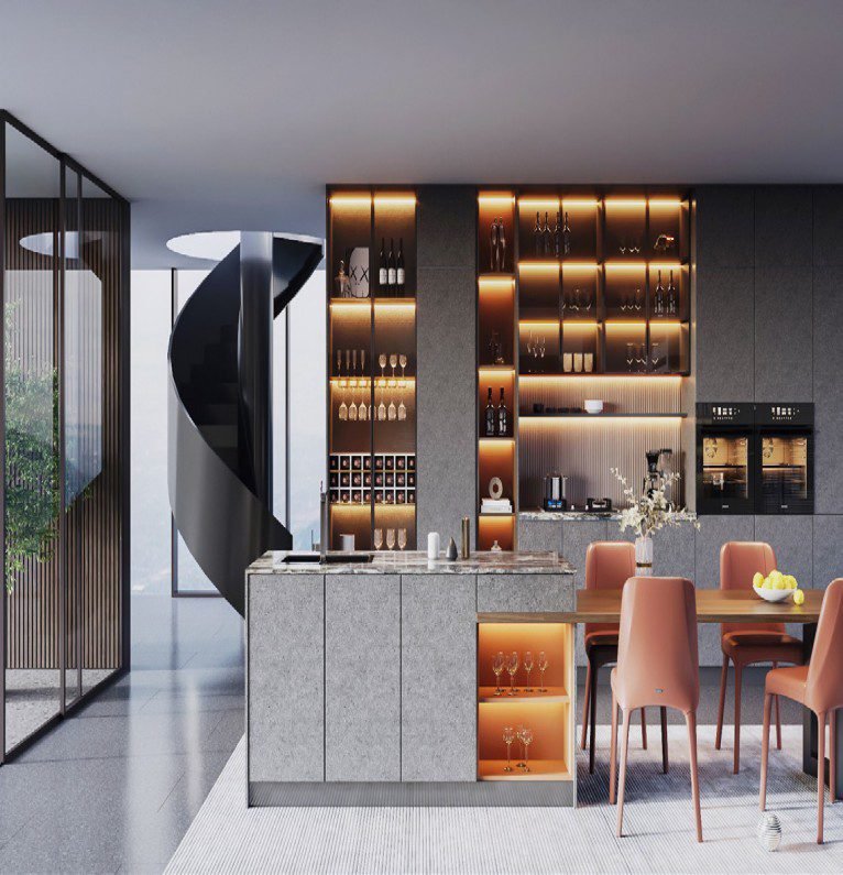 “Modern luxe backlit kitchen cabinet featuring rich plywood textures and glass display shelves, with warm backlighting that highlights a sophisticated, high-end kitchen design.”