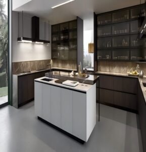 “Two-tone kitchen cabinet combining rich dark wood and light-toned units, featuring classic moldings, polished metal hardware, and glass-fronted uppers with a central island—elegant, timeless, and refined in a balanced classic design.”