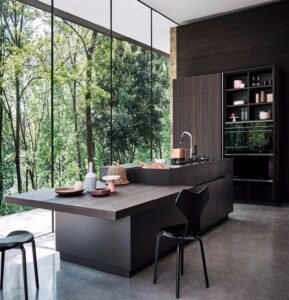 “Nature-inspired dark kitchen with rich solid wood cabinetry, sleek finishes, expansive island, integrated appliances, and elegant details—blending high-end luxury with natural warmth.”