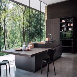 “Nature-inspired dark kitchen with rich solid wood cabinetry, sleek finishes, expansive island, integrated appliances, and elegant details—blending high-end luxury with natural warmth.”
