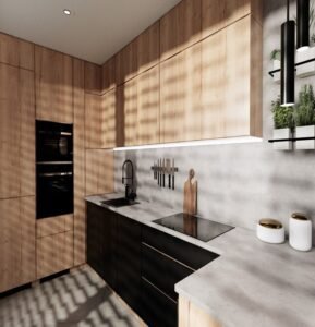 “Scandi light wood kitchen cabinet made from layered plywood, featuring light tones, clean lines, subtle details, integrated storage, and minimalist hardware for a cozy, elegant kitchen.”