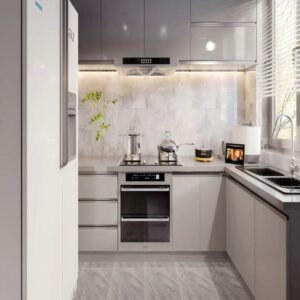 “Sleek grey integrated kitchen cabinet with stainless steel accents, clean lines, and minimalist hardware, combining modern minimalist design with functional, uncluttered storage.”