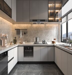 “Minimalist light kitchen cabinet made from particleboard, featuring clean lines, smooth surfaces, and a streamlined design for a bright, functional modern kitchen.”