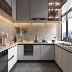 “Minimalist light kitchen cabinet made from particleboard, featuring clean lines, smooth surfaces, and a streamlined design for a bright, functional modern kitchen.”