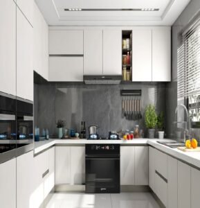 “Bright white modern kitchen cabinet made from particleboard, featuring smooth surfaces, clean lines, and smart storage for a bright, functional, budget-friendly kitchen.”