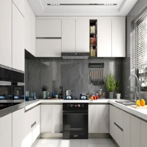“Bright white modern kitchen cabinet made from particleboard, featuring smooth surfaces, clean lines, and smart storage for a bright, functional, budget-friendly kitchen.”