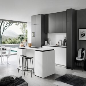 “Monochrome sleek kitchen cabinet in black and white with clean lines, particleboard surfaces, and a central island, showcasing Scandinavian minimalist design for a bright, functional kitchen.”