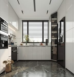 “Airy light-toned kitchen cabinet with glass display areas and smooth particleboard surfaces, featuring clean lines and minimalist Scandinavian design for a bright, practical kitchen.”