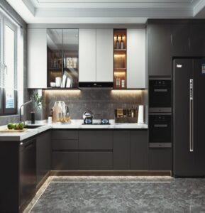 “Two-tone elegant kitchen cabinet with light and dark hues, featuring solid wood textures, glass display cabinets, aluminum hardware, integrated lighting, and refined storage for a luxurious, high-end kitchen.”