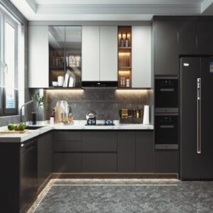 “Two-tone elegant kitchen cabinet with light and dark hues, featuring solid wood textures, glass display cabinets, aluminum hardware, integrated lighting, and refined storage for a luxurious, high-end kitchen.”