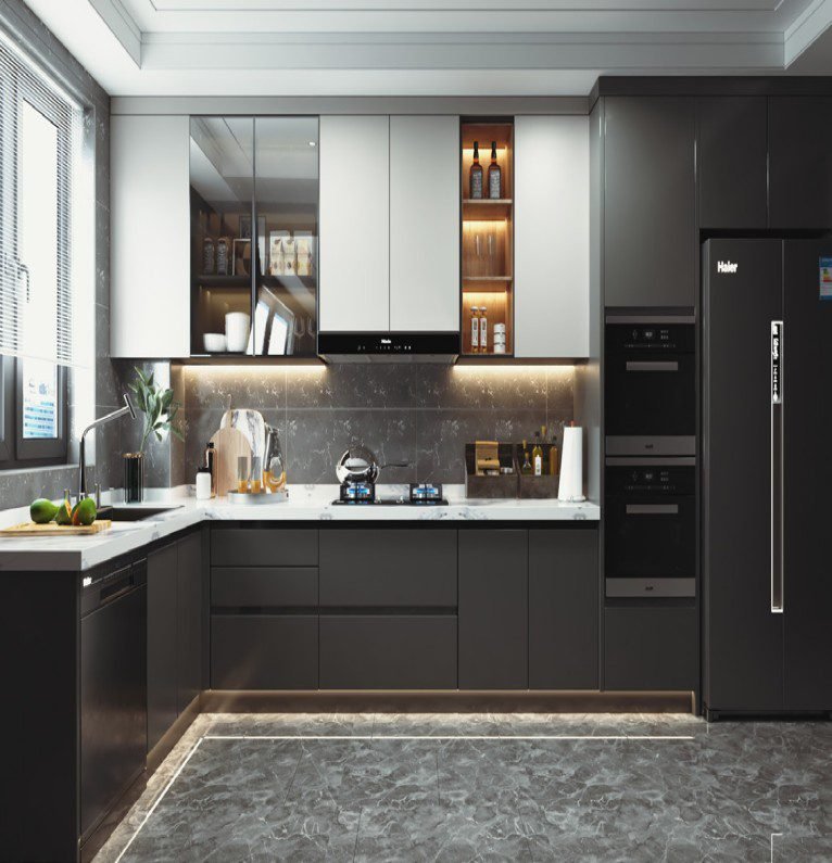 “Two-tone elegant kitchen cabinet with light and dark hues, featuring solid wood textures, glass display cabinets, aluminum hardware, integrated lighting, and refined storage for a luxurious, high-end kitchen.”
