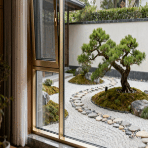 Zen-inspired gold-finish uPVC casement window with integrated insect screen