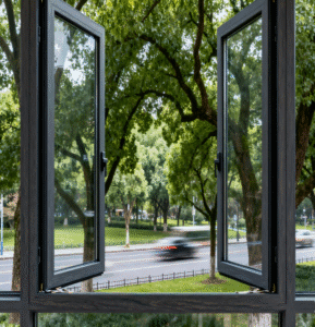 Urban nature dark wood-grain uPVC casement window with dual side openings