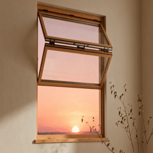 Warm rustic oak solid wood casement window with top-hung opening