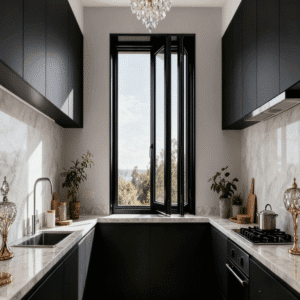 Slim Black Bifold Window in a modern kitchen.