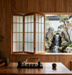 Zen wooden folding window with frosted glass and brass hinges in a Japanese-inspired tranquil room.