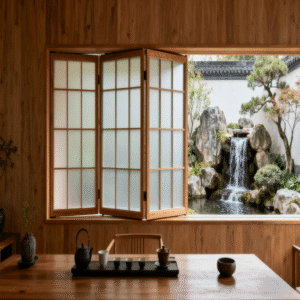Zen wooden folding window with frosted glass and brass hinges in a Japanese-inspired tranquil room.