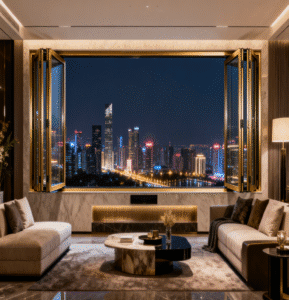 Luxury gold folding window with brass hinges in a high-end living room.