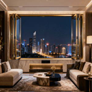 Luxury gold folding window with brass hinges in a high-end living room.