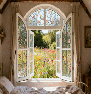 Vintage stained glass folding window with brass hinges in a classic-inspired bedroom.