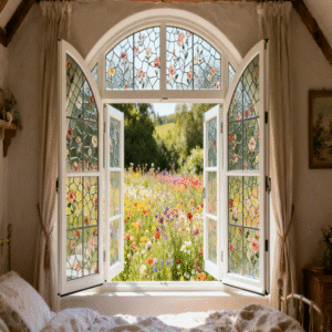 Vintage stained glass folding window with brass hinges in a classic-inspired bedroom.