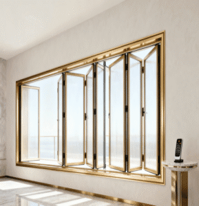 Aluminum Bifold Window with frosted glass and automated hinges in a tech-savvy room.