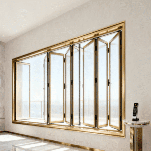 Aluminum Bifold Window with frosted glass and automated hinges in a tech-savvy room.