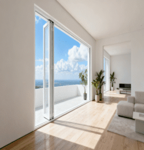 Airy white folding window with clear glass and stainless steel hinges in a minimalist living room.