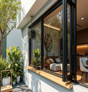 Dark linking Black Bifold window with clear glass and stainless steel hinges in a home with garden access.