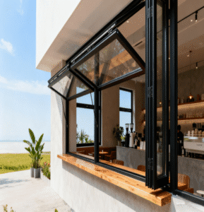 Casual dark folding window with tempered glass and stainless steel hinges in a modern café.