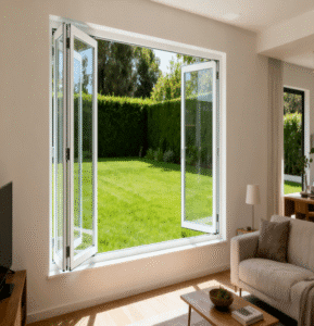 Lawn White Bifold Window with clear glass and stainless steel hinges in a minimalist nature-connected room.