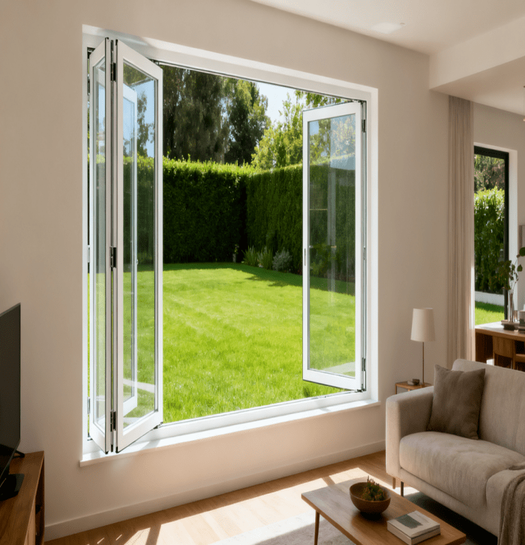 Lawn White Bifold Window with clear glass and stainless steel hinges in a minimalist nature-connected room.