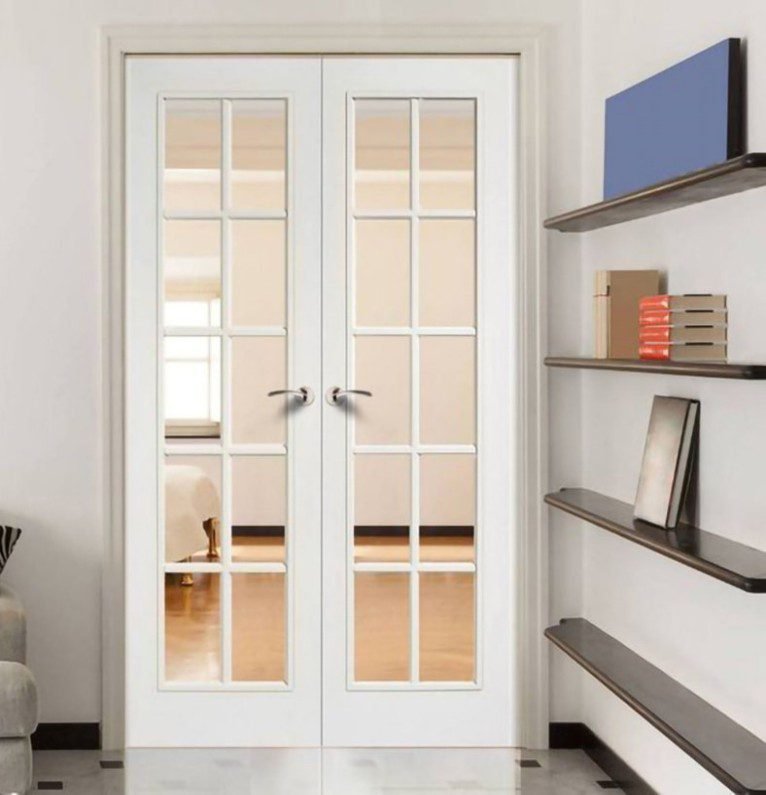 Vintage glam single French door with white grid clear glass and brass hardware