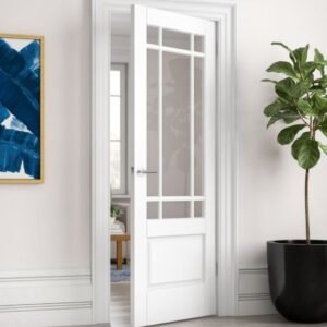 Modern airy double French doors with white grid clear glass