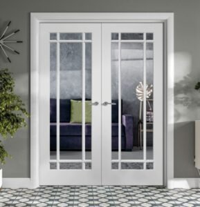 Scandinavian airy ivory vertical panel French doors with frosted glass