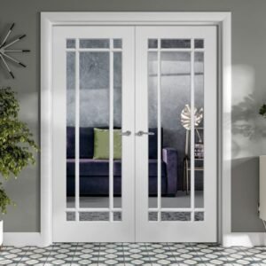 Scandinavian airy ivory vertical panel French doors with frosted glass