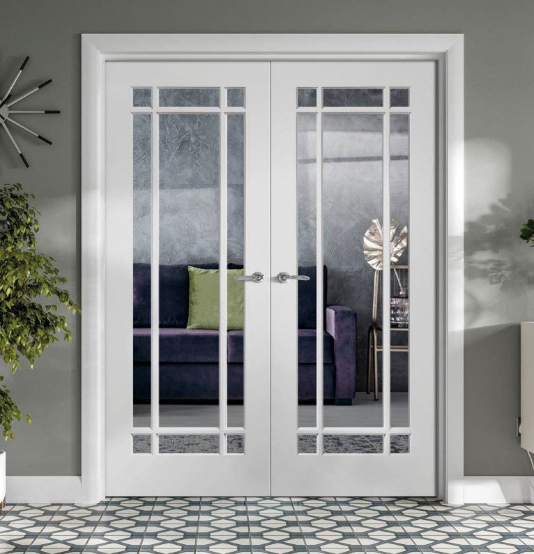 Scandinavian airy ivory vertical panel French doors with frosted glass