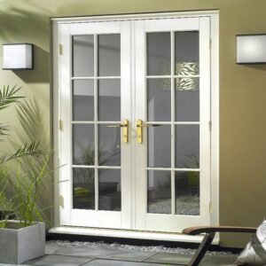 Mediterranean rustic terracotta lattice French outdoor doors with patio view