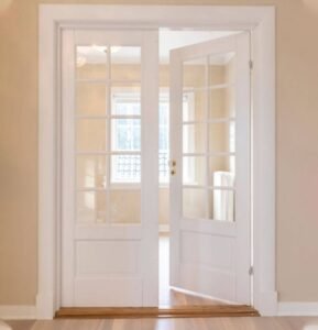 Vintage modern ashwood crisscross French interior doors with frosted glass