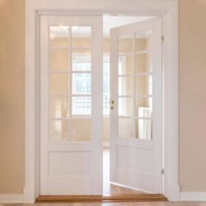 Vintage modern ashwood crisscross French interior doors with frosted glass