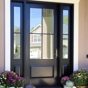 Contemporary sleek graphite panel French entry door with stainless steel hardware