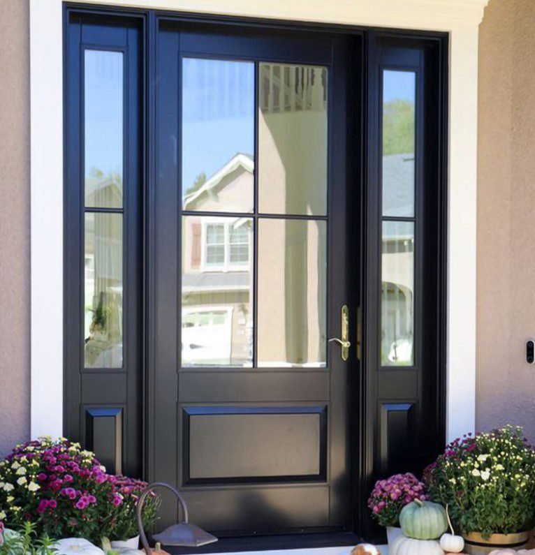 Contemporary sleek graphite panel French entry door with stainless steel hardware