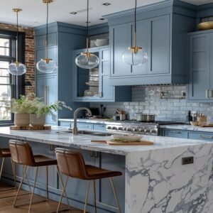 Classic elegant kitchen with deep blue solid wood cabinets, a marble island, and brass accents.