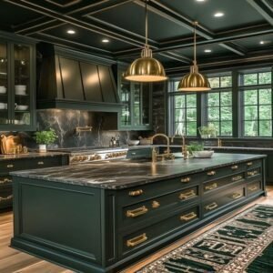 High-end luxury kitchen with emerald solid wood cabinets, dark veined marble, and brass accents.