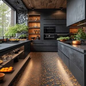 Natural luxury kitchen with ebony MDF cabinets, terrazzo flooring, and natural wood shelving.