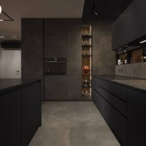 Budget contemporary kitchen with charcoal MDF cabinets, metal accents, and a glass display nook.
