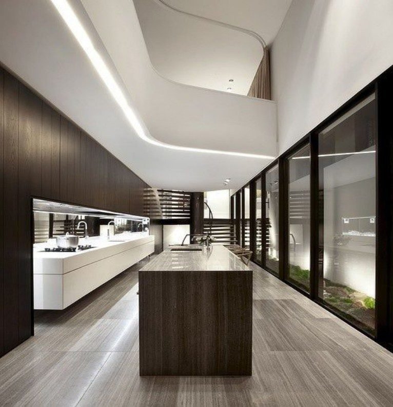 Modern minimalist kitchen with monochrome wood and MDF cabinets, floor-to-ceiling glass, and skyline views.